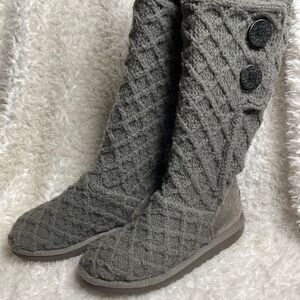 UGG AUSTRALIA Lattice Cardy Genuine Sheepskin Knit Tall Gray Boots big girl SZ4